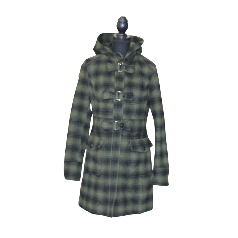 Steve Madden Toggle Coat Women Medium Green Black Plaid EUC Wool Blend Hood - Picture 2 of 7